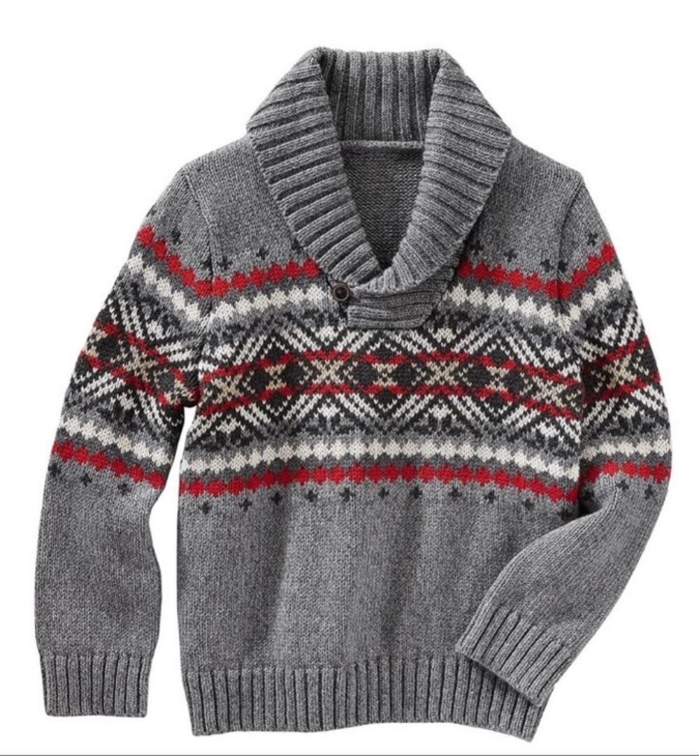 OshKosh B'gosh Boy's Fair Isle Knit Sweater Sz 5 Gray/Red Chunky Cotton Warm